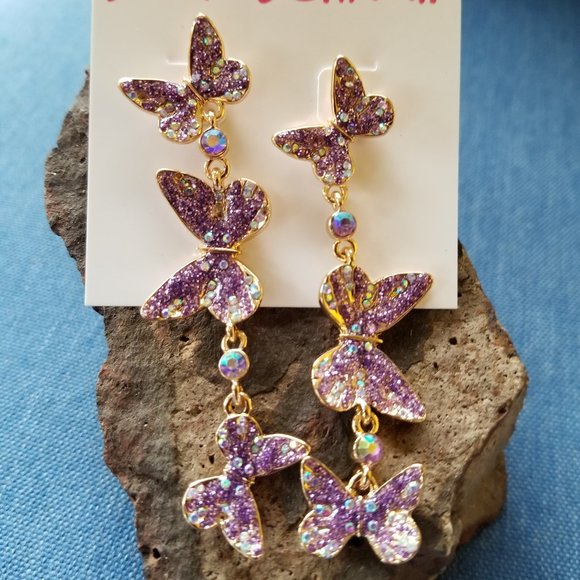 Betsey Johnson Purple Butterflies Dangle Earrings - NWT - Picture 5 of 6